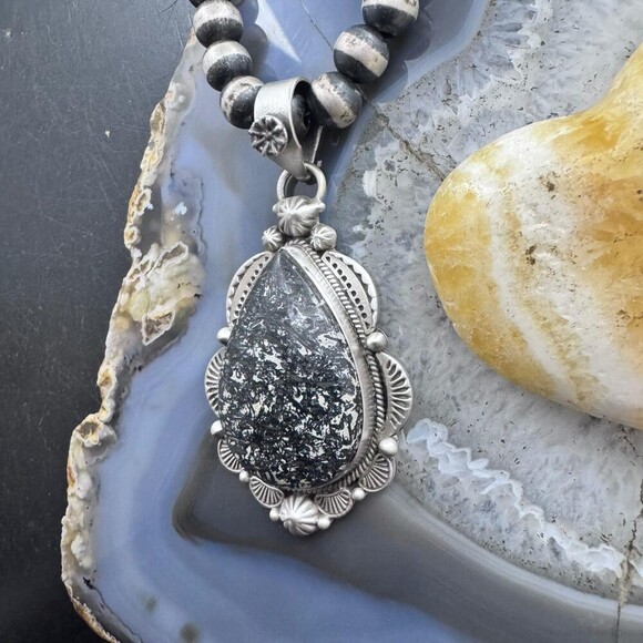 Sterling Southwestern Style Teardrop Petrified Wood Decorated Pendant For Women - Picture 4 of 10